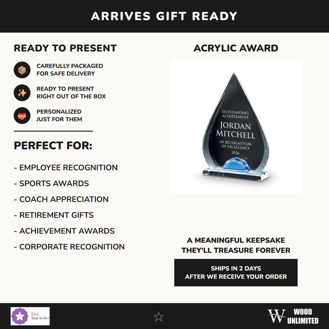 Gift-ready personalized Teardrop Lucite with Glass acrylic award, perfect for ceremonies, retirements, and corporate recognition