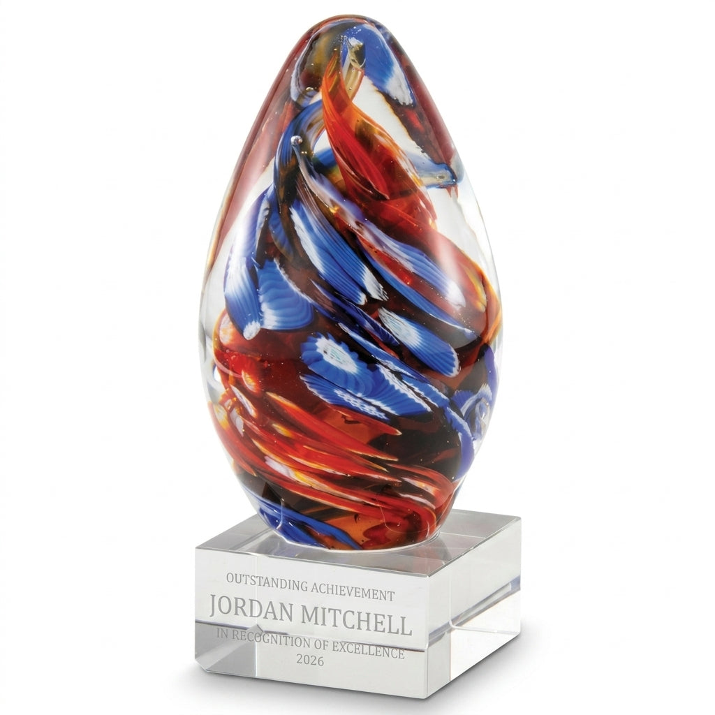Personalized Teardrop Orange Blue art glass award, custom laser engraved recognition award on a clean white studio background
