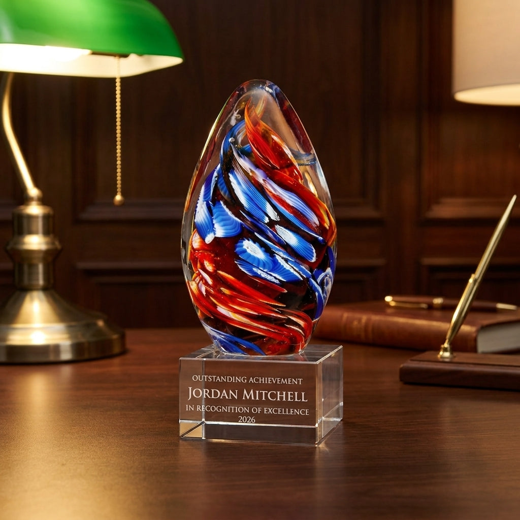 Personalized Teardrop Orange Blue art glass award on a warm executive desk with a green banker's lamp, engraved corporate recognition and retirement gift