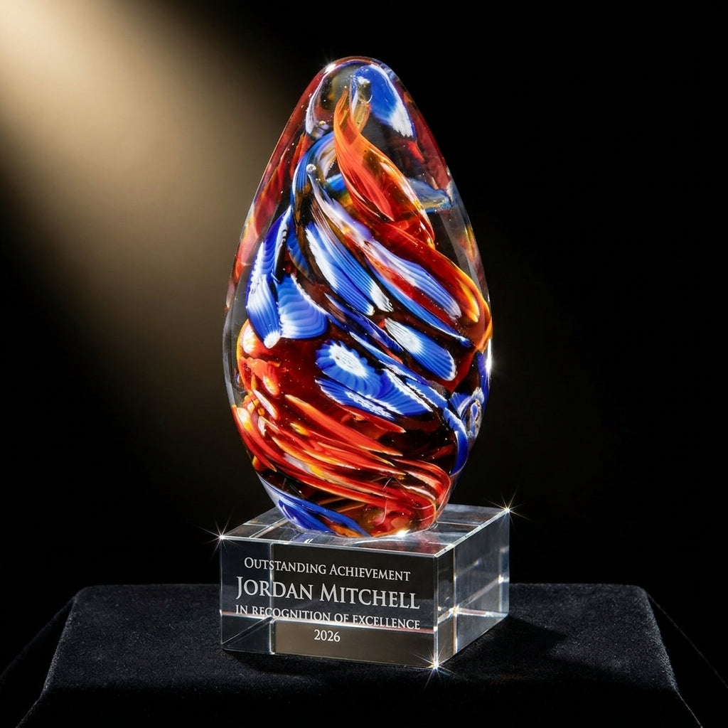 Personalized Teardrop Orange Blue art glass award on black velvet under awards-ceremony spotlight, engraved champion and lifetime achievement award