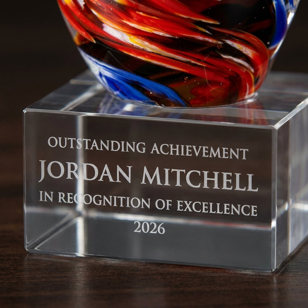 Close-up of the custom laser engraving on a personalized Teardrop Orange Blue art glass award, showing crisp permanent personalization