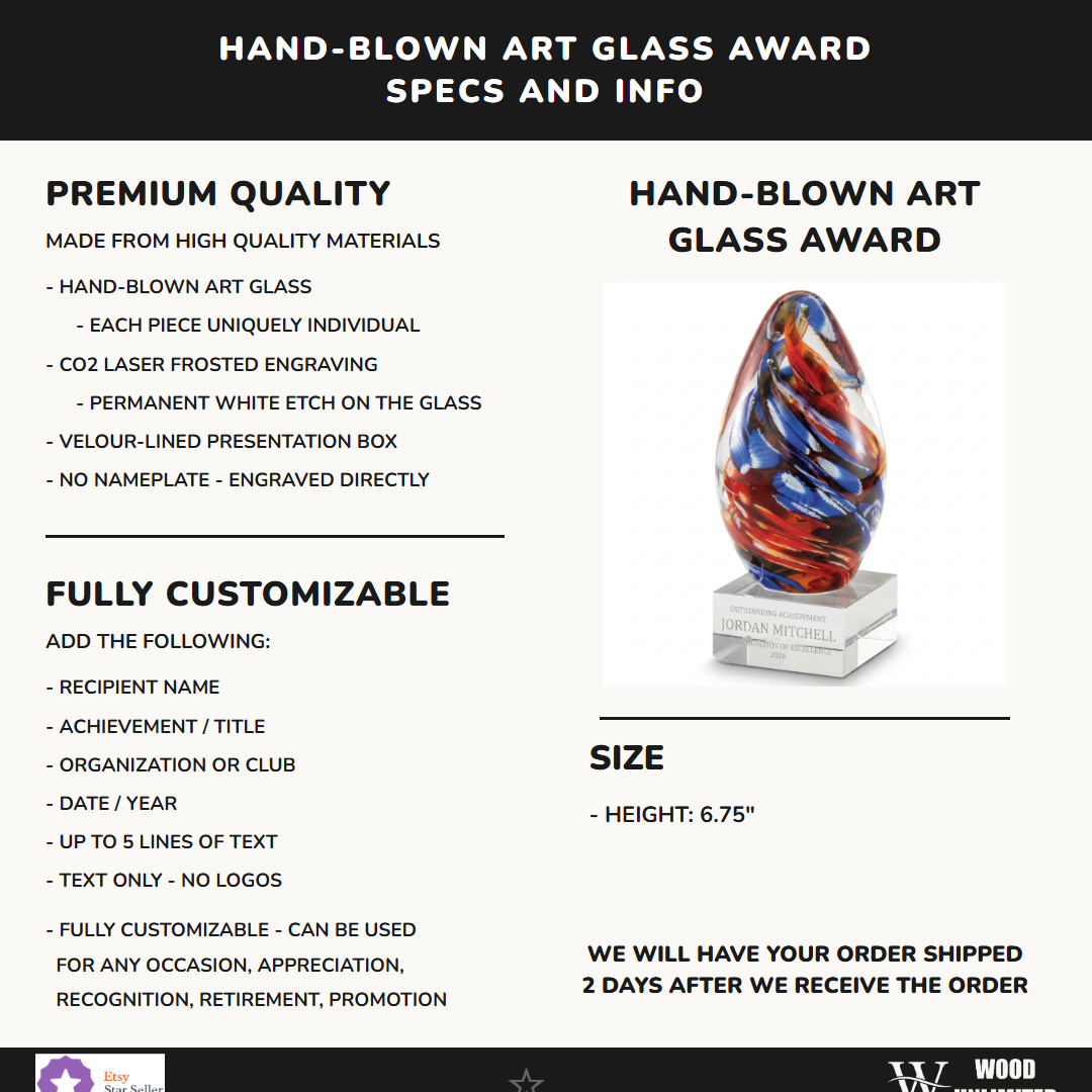 Specifications for the personalized Teardrop Orange Blue art glass award — materials, engraving, and features