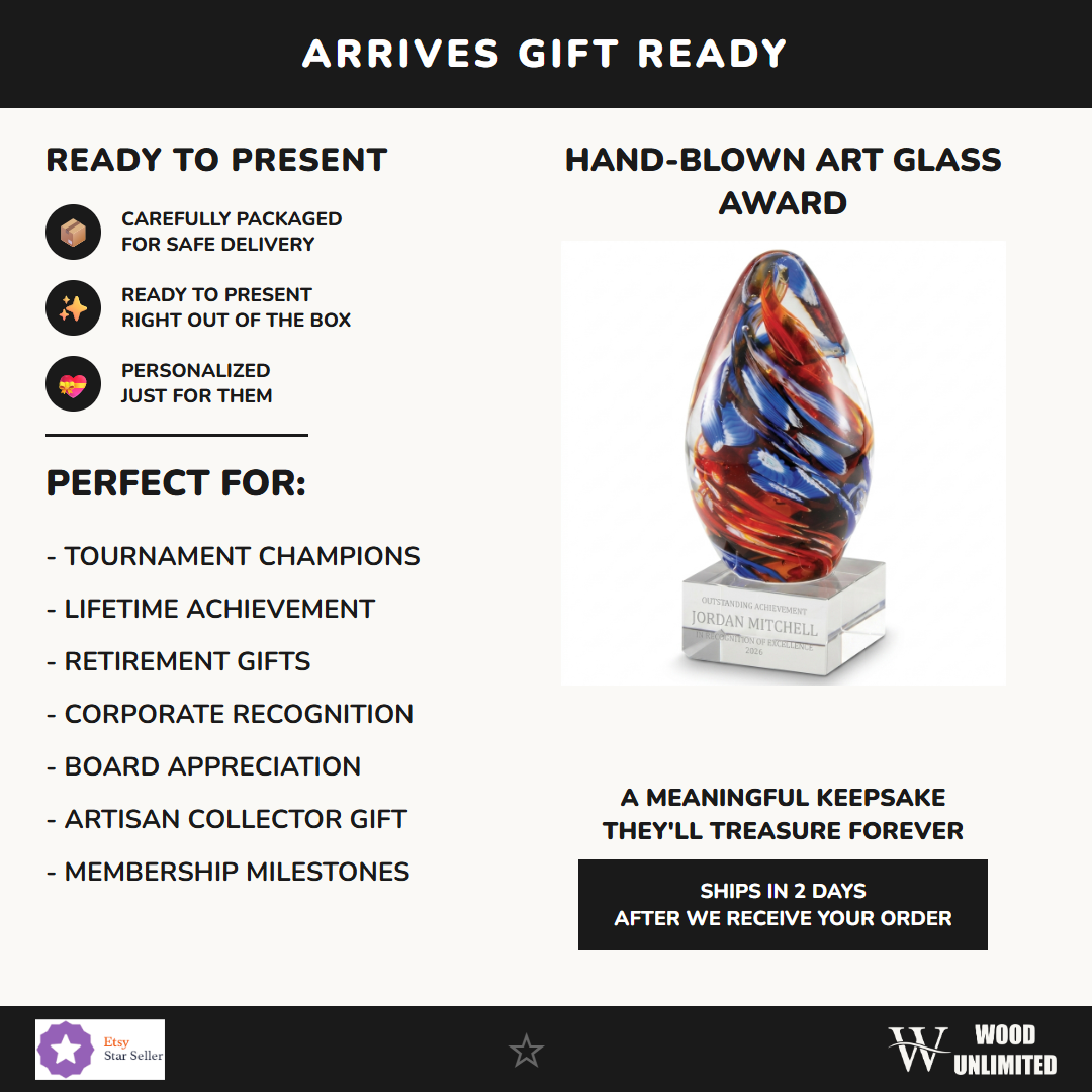 Gift-ready personalized Teardrop Orange Blue art glass award, perfect for ceremonies, retirements, and corporate recognition