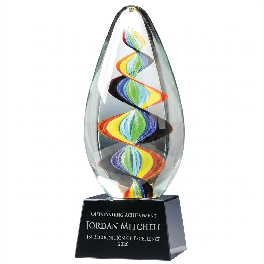 Personalized Teardrop Swirl Glass art glass award, custom laser engraved recognition award on a clean white studio background