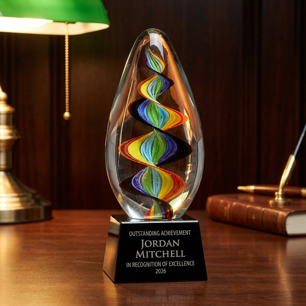 Personalized Teardrop Swirl Glass art glass award on a warm executive desk with a green banker's lamp, engraved corporate recognition and retirement gift
