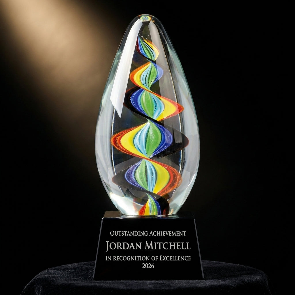 Personalized Teardrop Swirl Glass art glass award on black velvet under awards-ceremony spotlight, engraved champion and lifetime achievement award