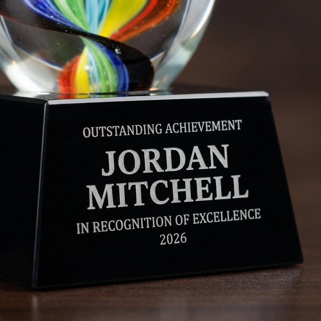 Close-up of the custom laser engraving on a personalized Teardrop Swirl Glass art glass award, showing crisp permanent personalization