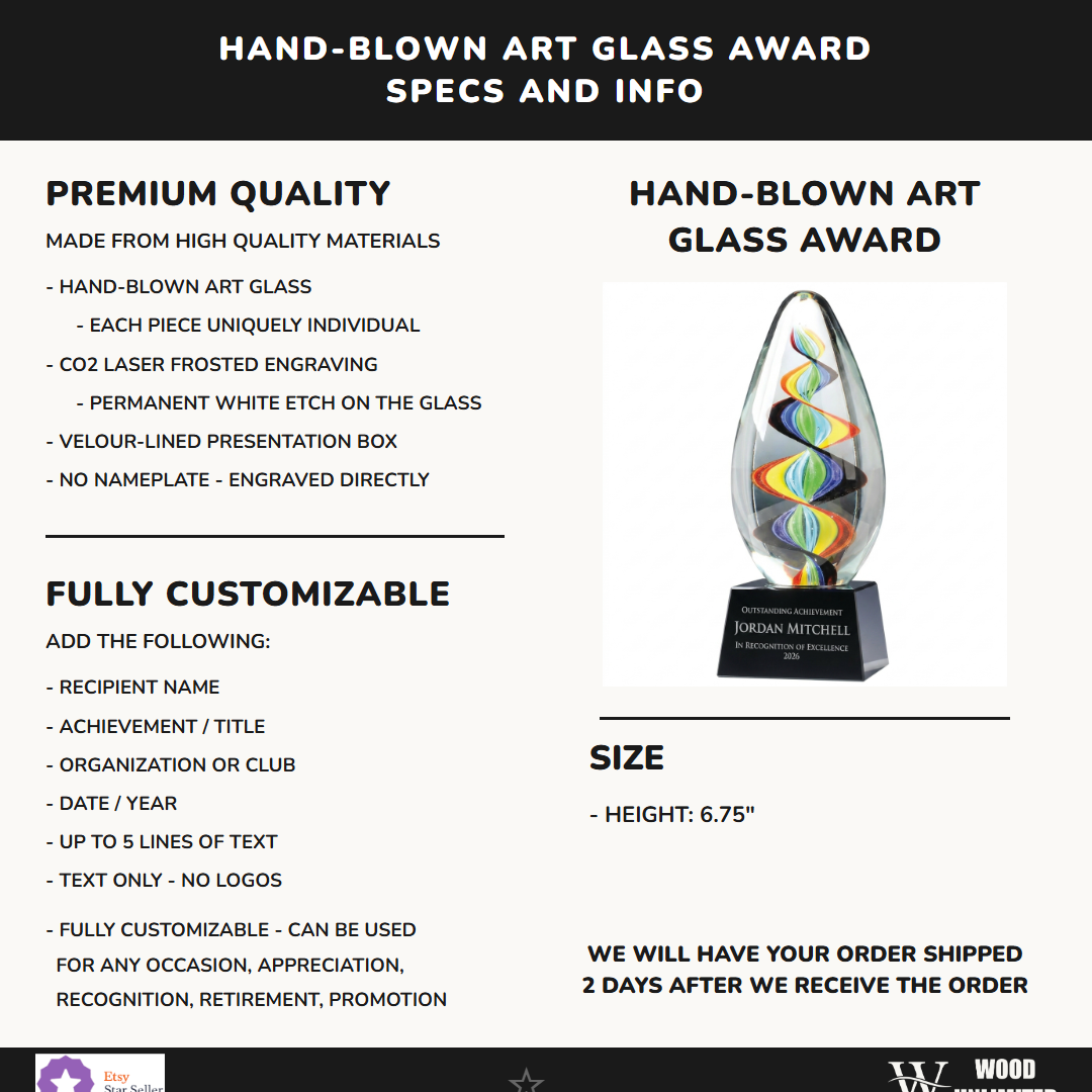 Specifications for the personalized Teardrop Swirl Glass art glass award — materials, engraving, and features