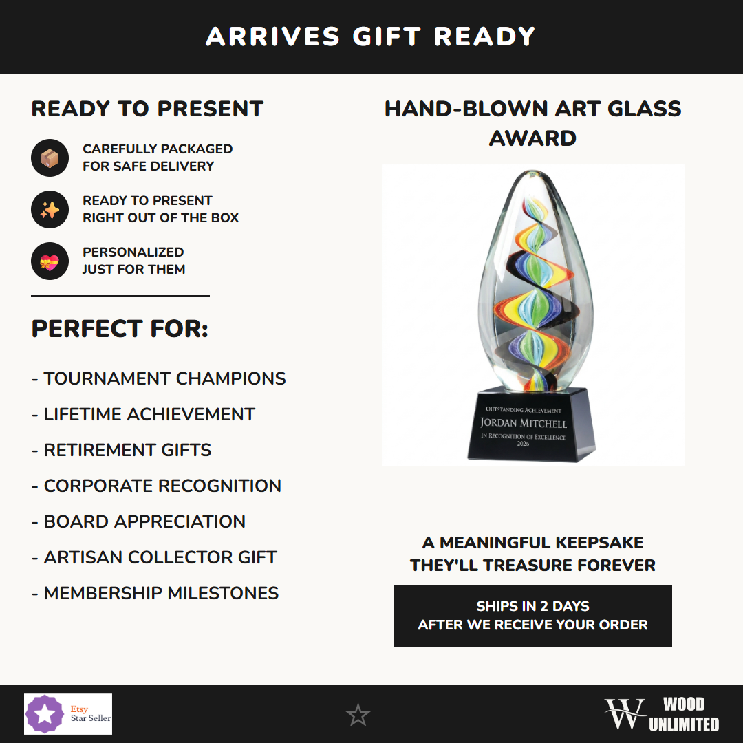 Gift-ready personalized Teardrop Swirl Glass art glass award, perfect for ceremonies, retirements, and corporate recognition