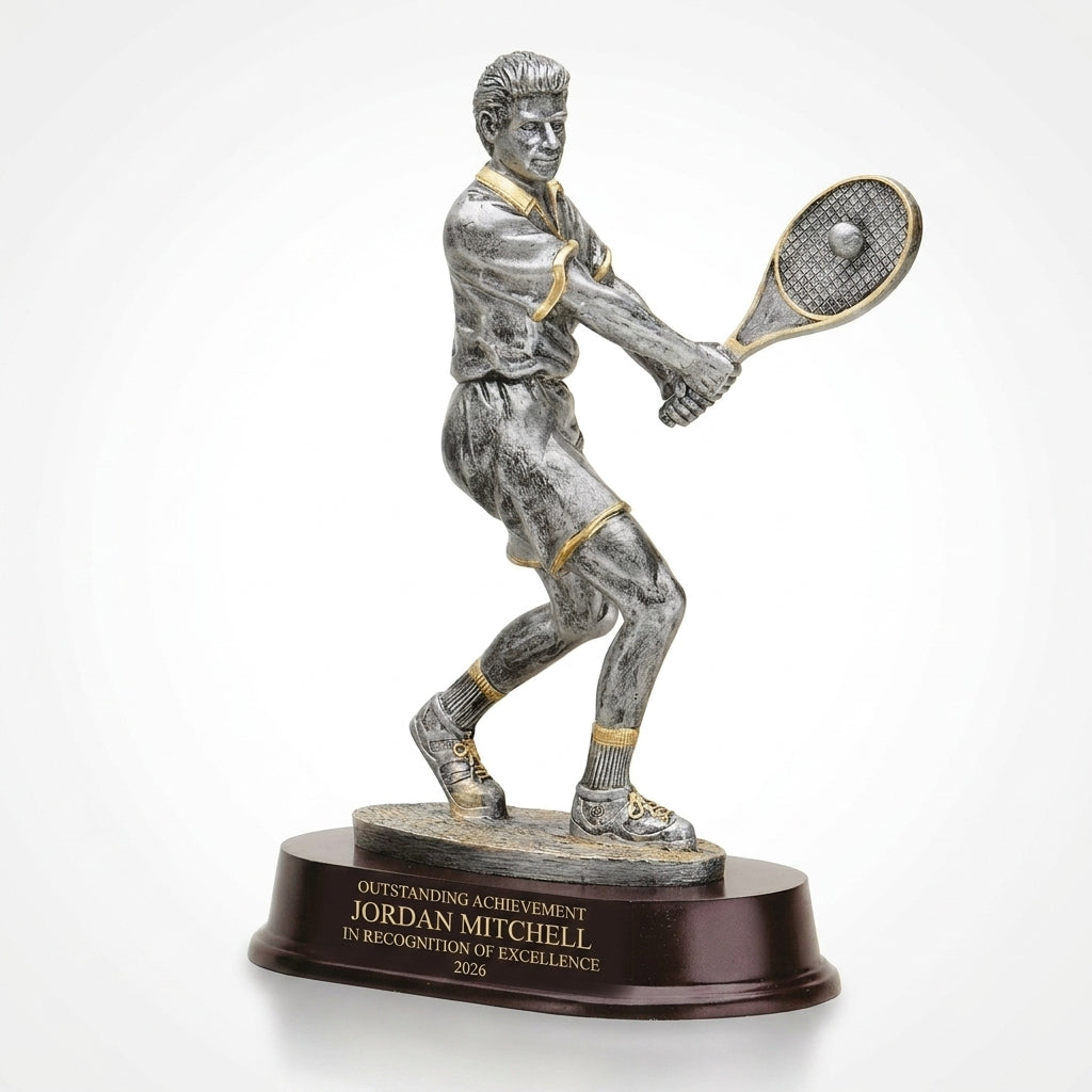 Personalized Male Tennis resin award, custom laser engraved recognition award on a clean white studio background