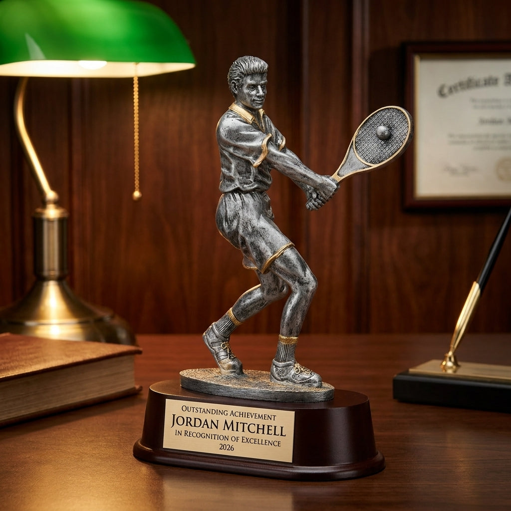 Personalized Male Tennis resin award on a warm executive desk with a green banker's lamp, engraved corporate recognition and retirement gift