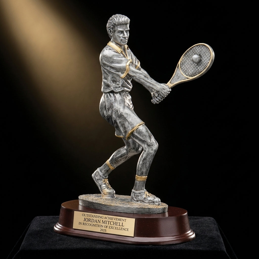 Personalized Male Tennis resin award on black velvet under awards-ceremony spotlight, engraved champion and lifetime achievement award