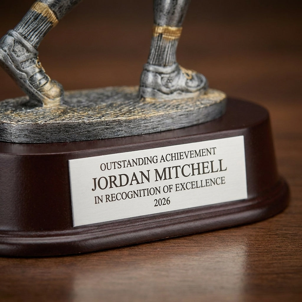 Close-up of the custom laser engraving on a personalized Male Tennis resin award, showing crisp permanent personalization