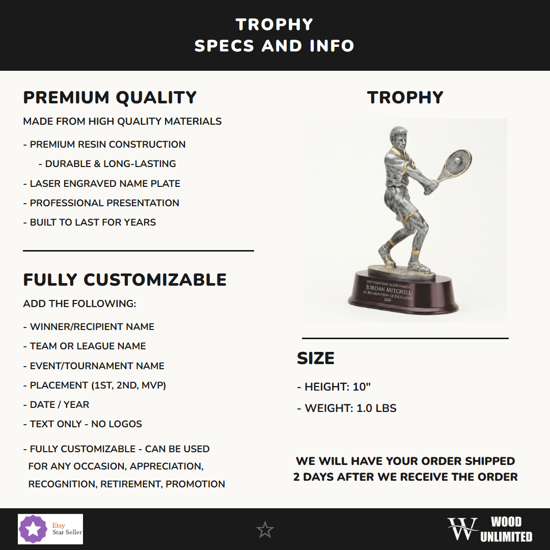 Specifications for the personalized Male Tennis resin award — materials, engraving, and features