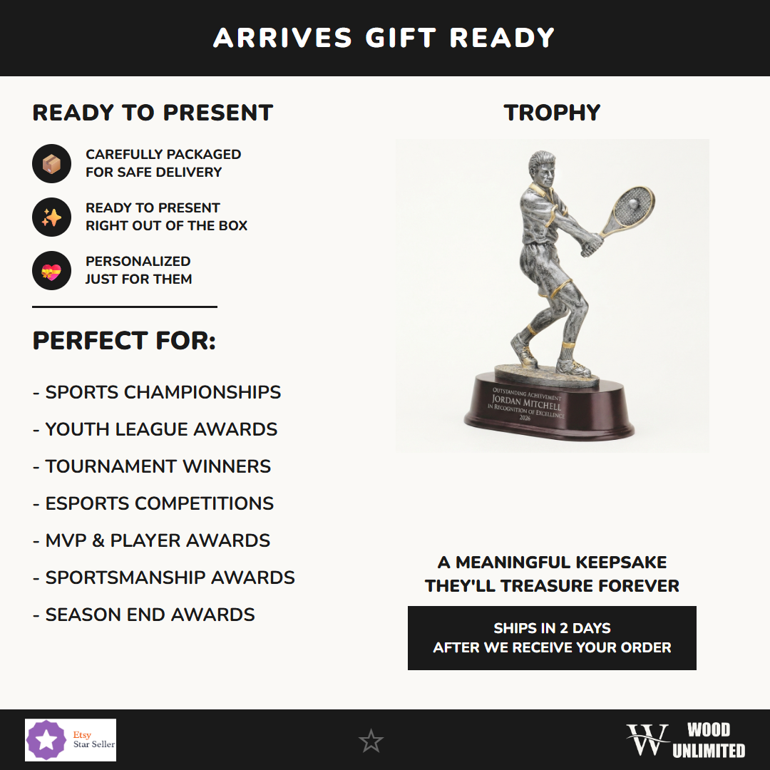 Gift-ready personalized Male Tennis resin award, perfect for ceremonies, retirements, and corporate recognition