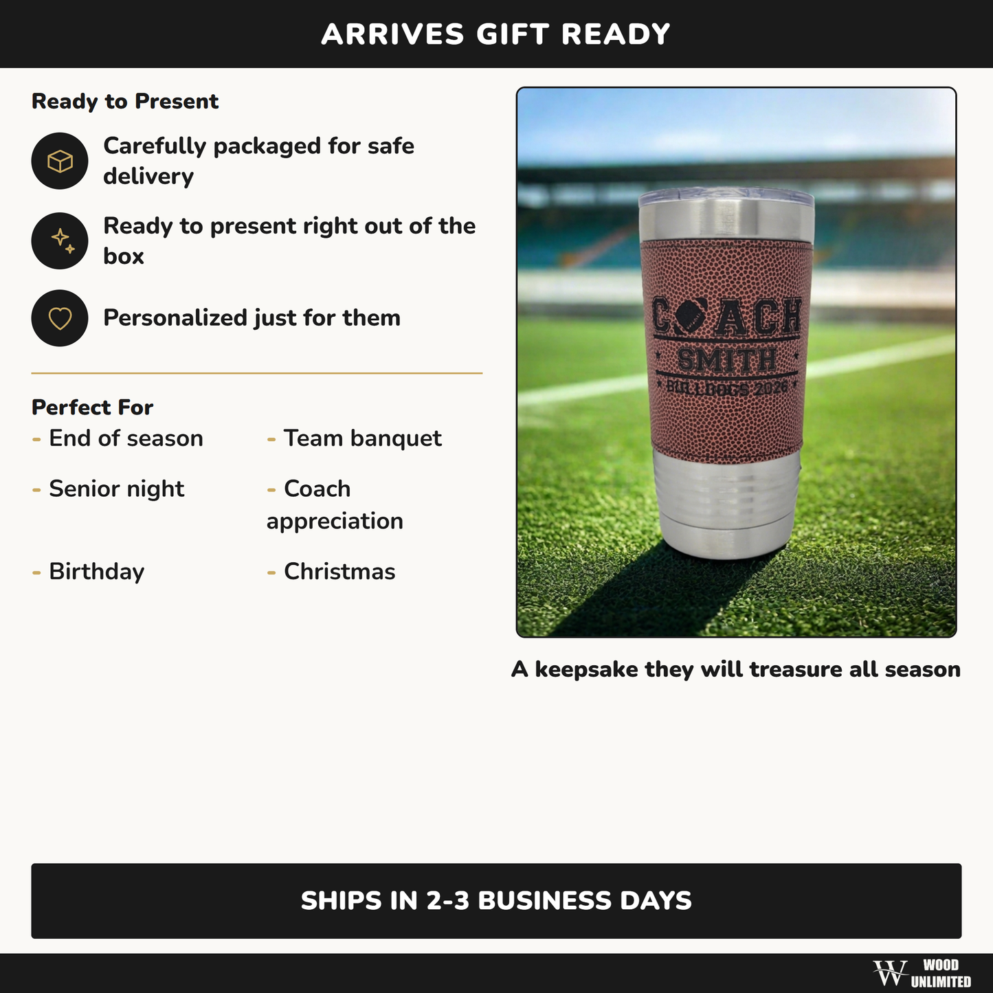 football coach tumbler arrives gift ready, carefully packaged and personalized