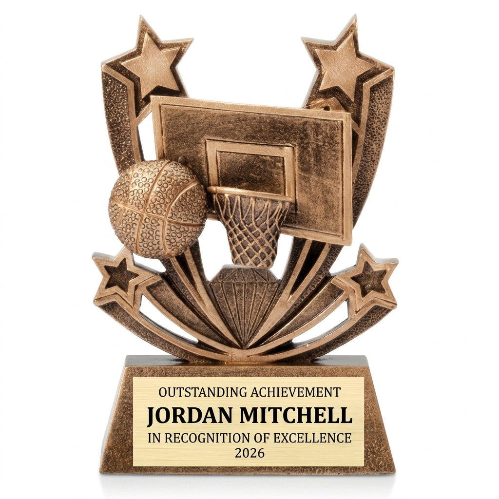 Personalized Twin Stars Basketball Award resin award, custom laser engraved recognition award on a clean white studio background