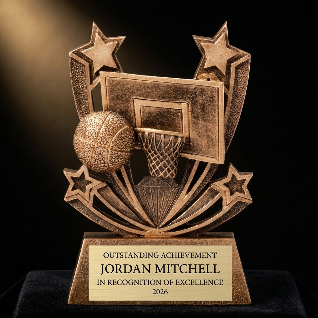 Personalized Twin Stars Basketball Award resin award on black velvet under awards-ceremony spotlight, engraved champion and lifetime achievement award