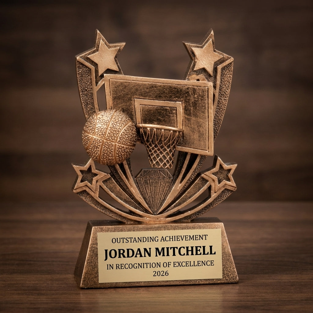 Close-up of the custom laser engraving on a personalized Twin Stars Basketball Award resin award, showing crisp permanent personalization