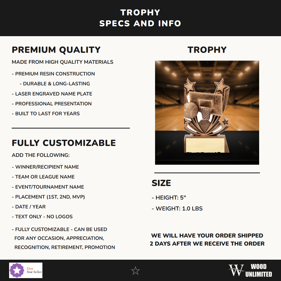 Specifications for the personalized Twin Stars Basketball Award resin award — materials, engraving, and features