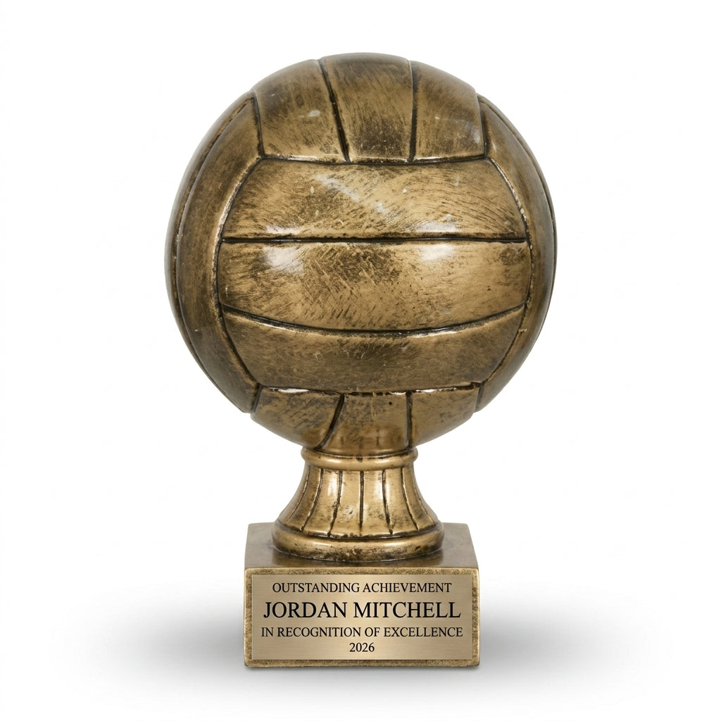 Personalized Volleyball Antique Metallic Resin Award resin award, custom laser engraved recognition award on a clean white studio background