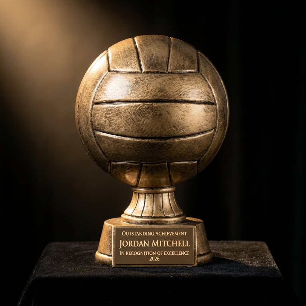 Personalized Volleyball Antique Metallic Resin Award resin award on black velvet under awards-ceremony spotlight, engraved champion and lifetime achievement award