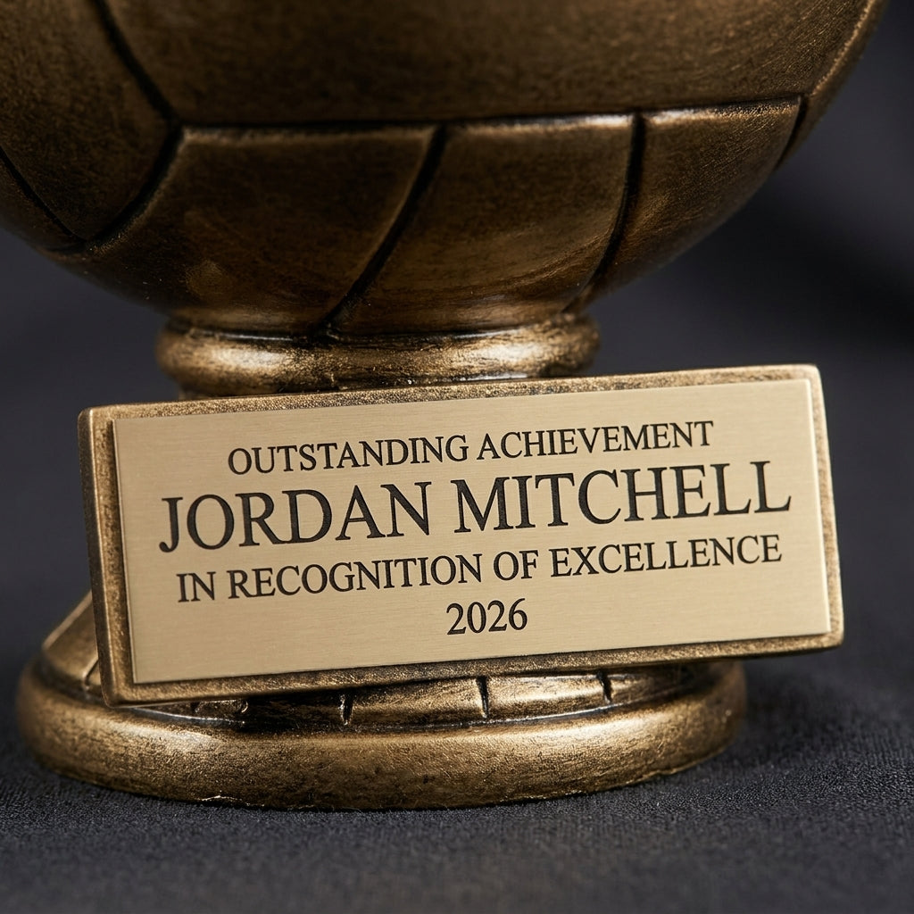 Close-up of the custom laser engraving on a personalized Volleyball Antique Metallic Resin Award resin award, showing crisp permanent personalization