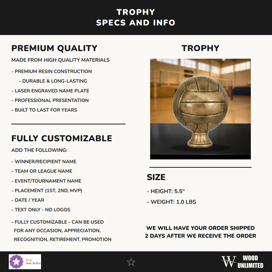 Specifications for the personalized Volleyball Antique Metallic Resin Award resin award — materials, engraving, and features