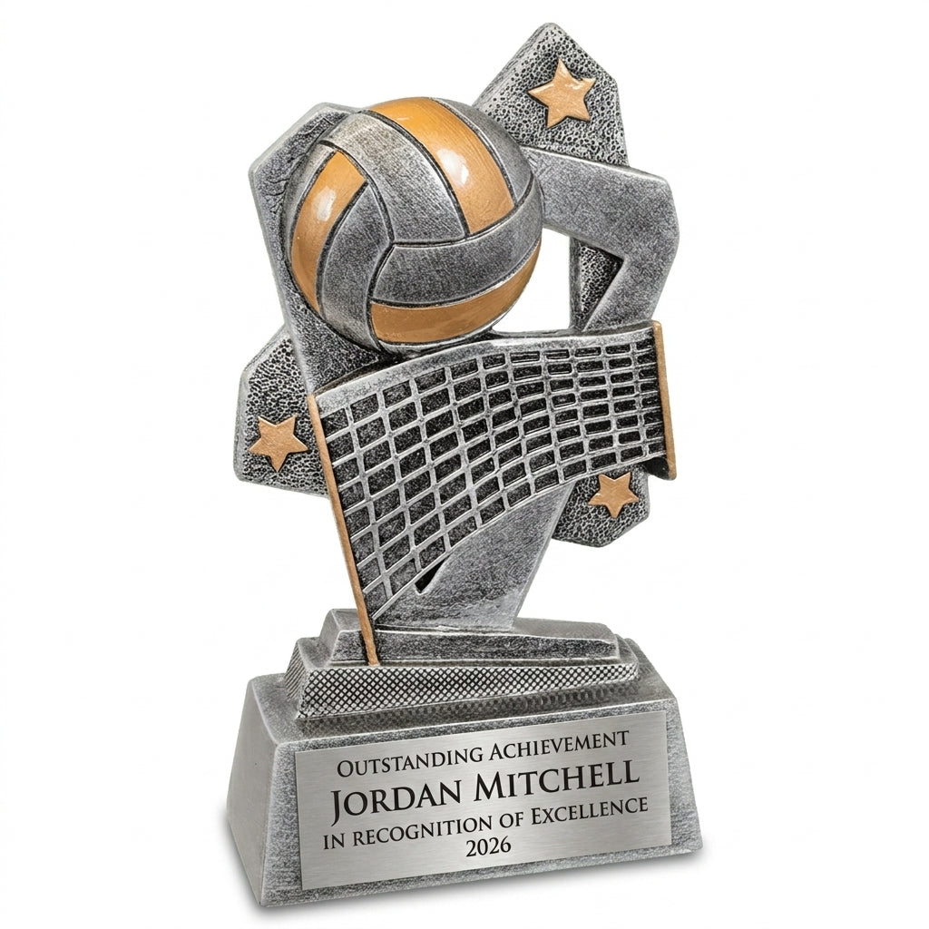Personalized Volleyball Triumph Resin Award resin award, custom laser engraved recognition award on a clean white studio background