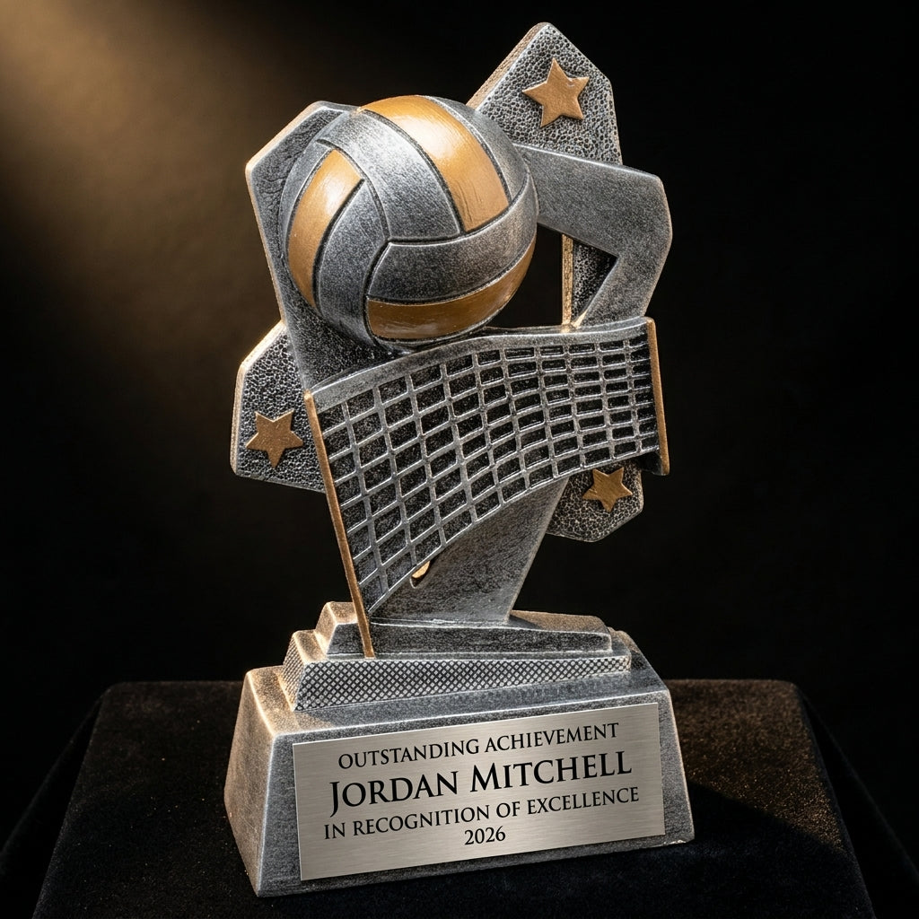 Personalized Volleyball Triumph Resin Award resin award on black velvet under awards-ceremony spotlight, engraved champion and lifetime achievement award