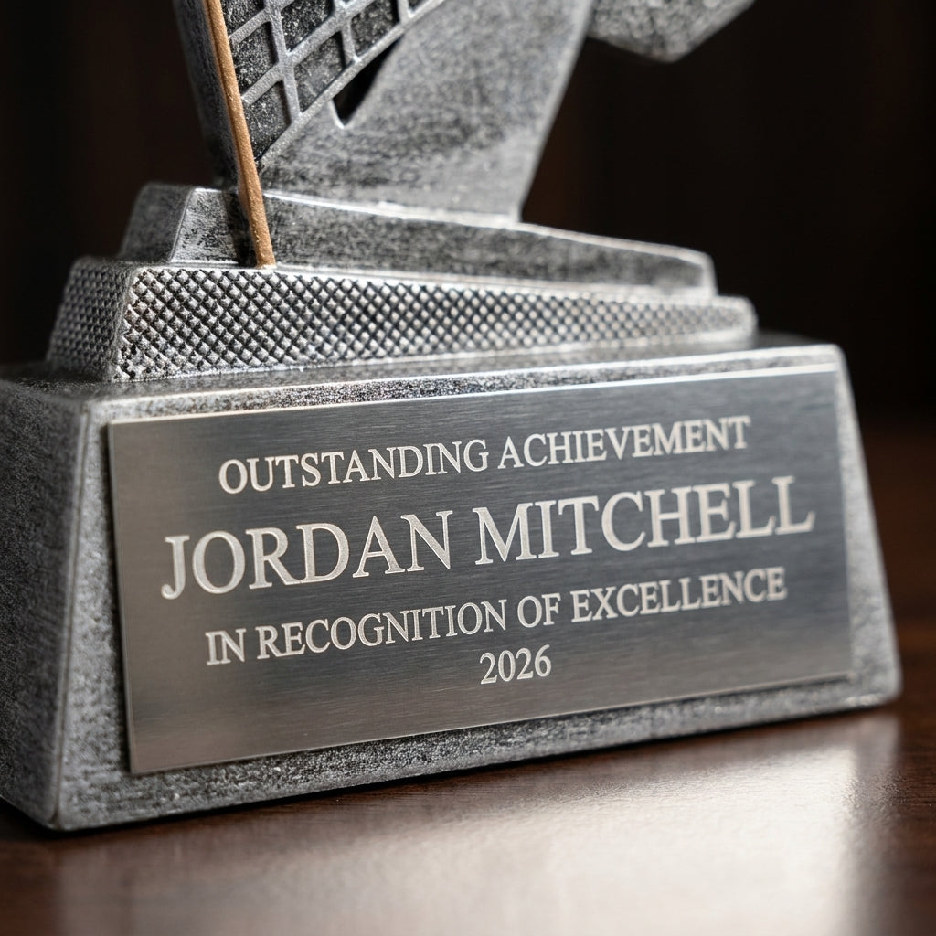 Close-up of the custom laser engraving on a personalized Volleyball Triumph Resin Award resin award, showing crisp permanent personalization