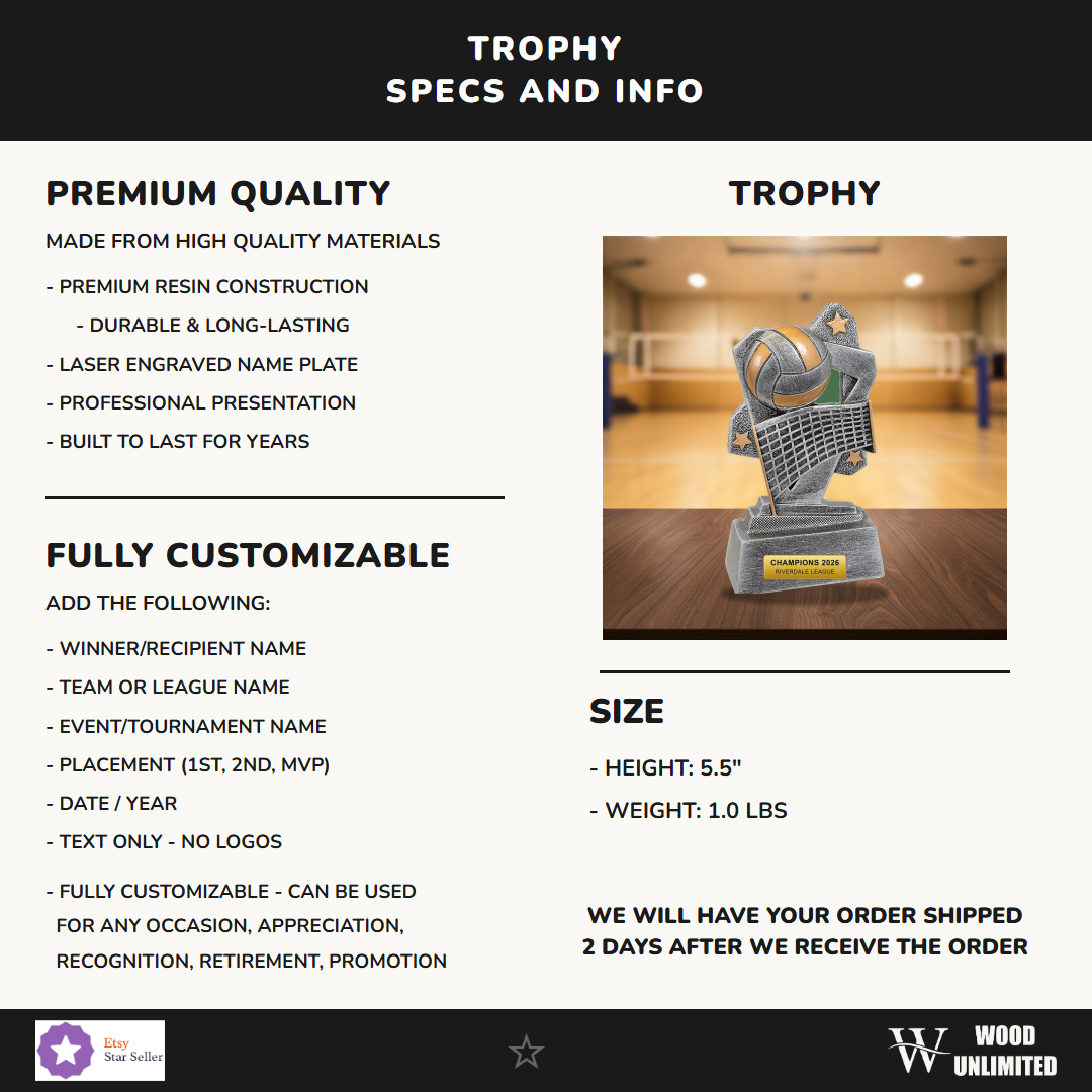Specifications for the personalized Volleyball Triumph Resin Award resin award — materials, engraving, and features