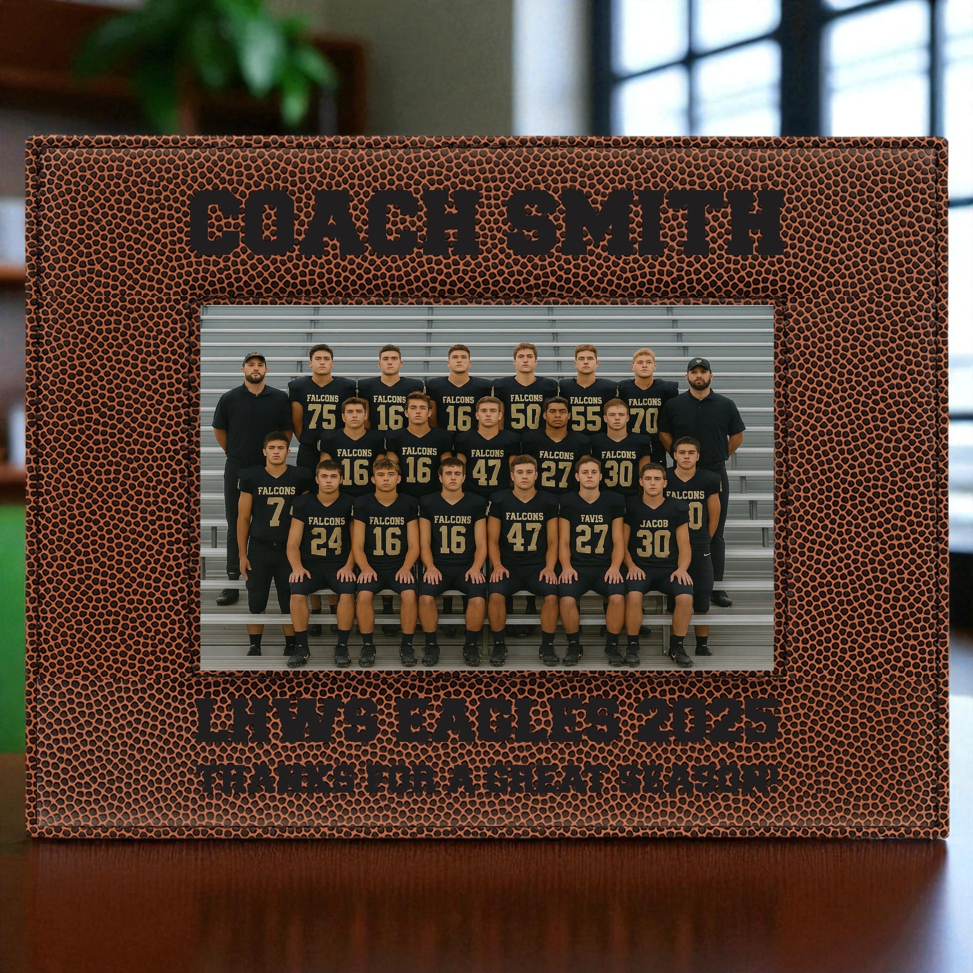 Football-themed photo frame with 'Coach Smith' and team photo of the LHSB Eagles 2025.
