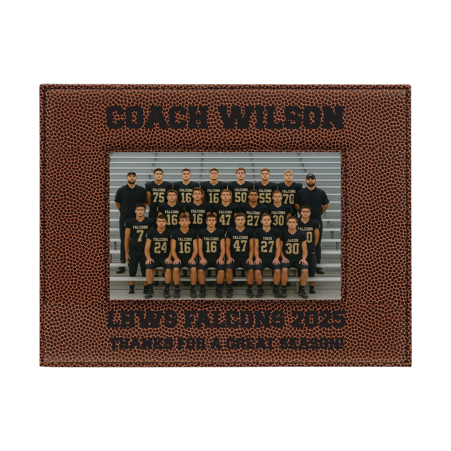 Football-themed photo frame with a team picture and engraved text on a white background