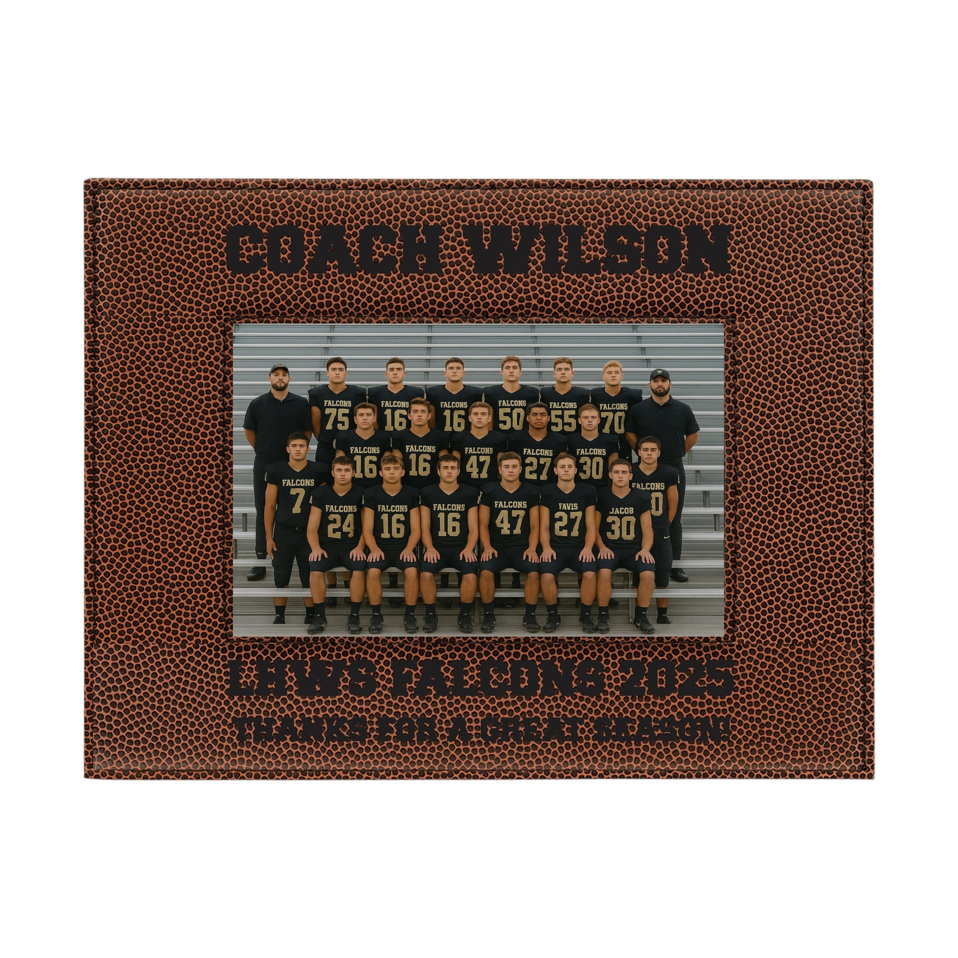 Football-themed photo frame with a team picture and engraved text on a white background