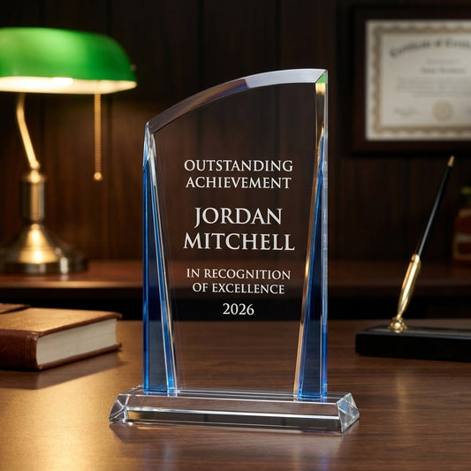 Personalized Zenith acrylic award on a warm executive desk with a green banker's lamp, engraved corporate recognition and retirement gift
