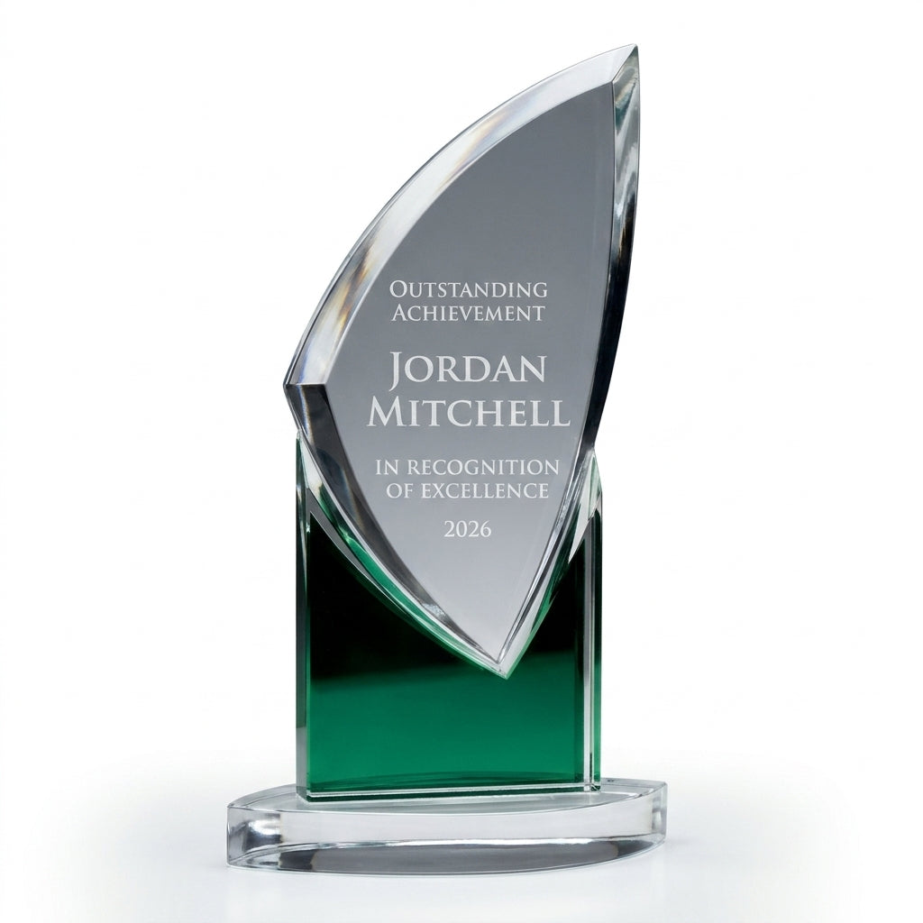 Personalized Zenith Green acrylic award, custom laser engraved recognition award on a clean white studio background