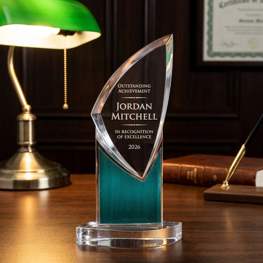 Personalized Zenith Green acrylic award on a warm executive desk with a green banker's lamp, engraved corporate recognition and retirement gift