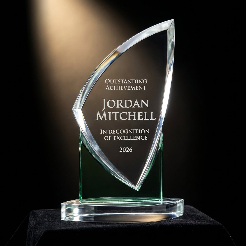 Personalized Zenith Green acrylic award on black velvet under awards-ceremony spotlight, engraved champion and lifetime achievement award