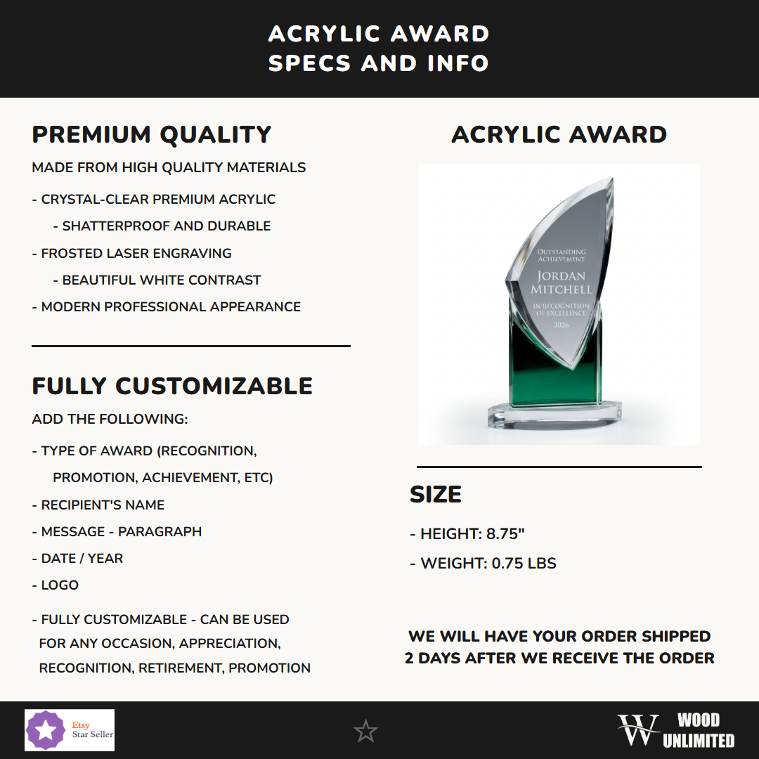 Specifications for the personalized Zenith Green acrylic award — materials, engraving, and features