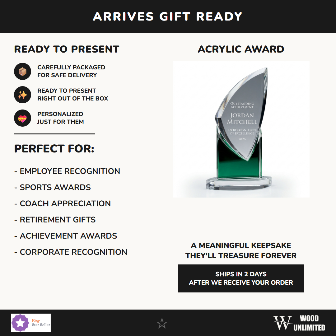 Gift-ready personalized Zenith Green acrylic award, perfect for ceremonies, retirements, and corporate recognition