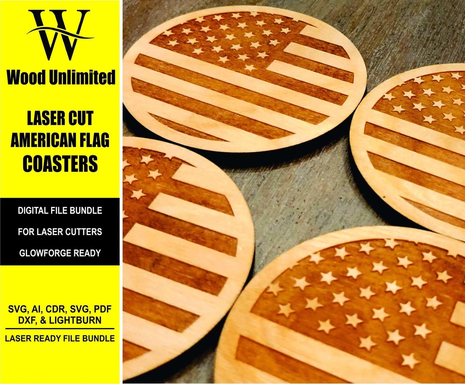 American Flag Coasters Digital Files for Laser Cutters, Glowforge Ready, Lightburn Files, SVG, AI, Laser Cut File Bundle