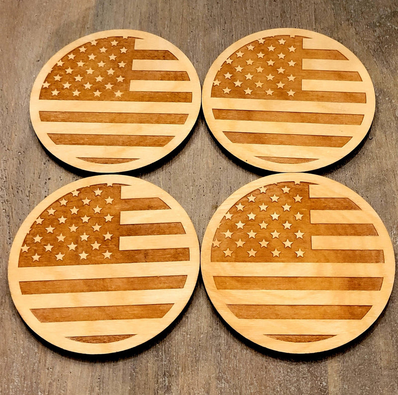 American Flag Coasters - Set of 4 - Wooden American Flag Coasters -  Patriotic Wooden Coasters - USA Drink Coasters - Wood Unlimited