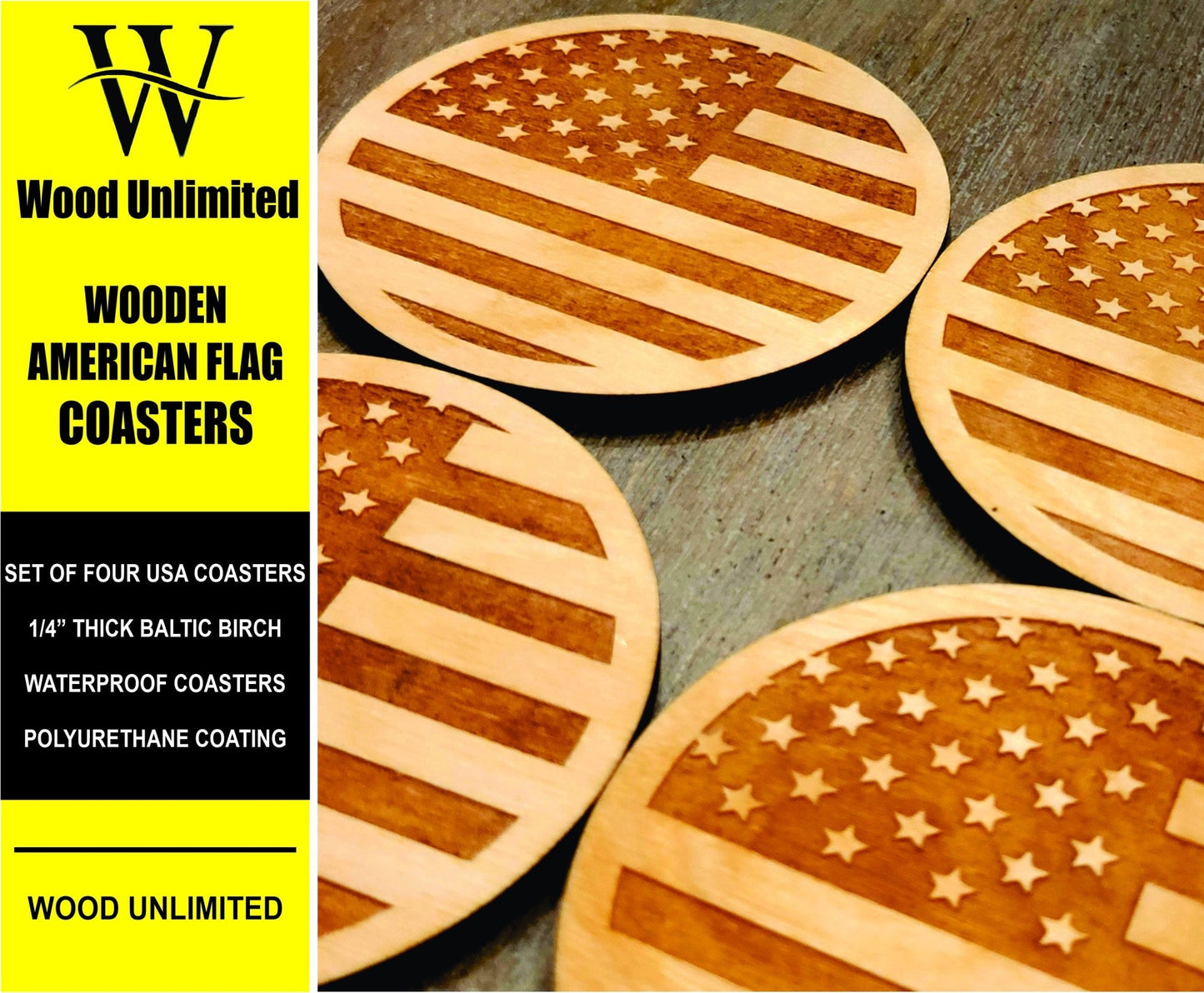 American Flag Coasters, Set of 4, Wooden American Flag Coasters, Patriotic Wooden Coasters  USA Drink Coasters Wood Unlimited