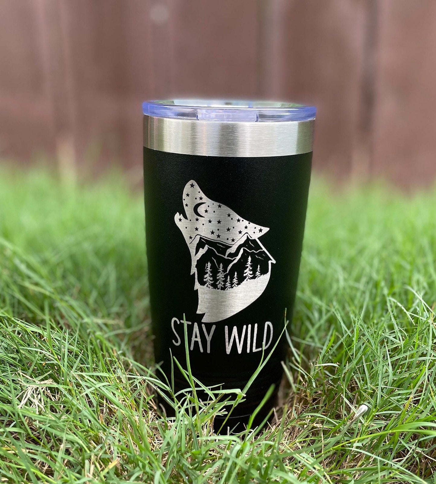 Camping Themed Insulated Tumbler, Engraved 20oz / 22oz/ 30oz Insulated Tumbler / Bottle - Wolf Camping Tumbler - Stay Wild - Wood Unlimited#