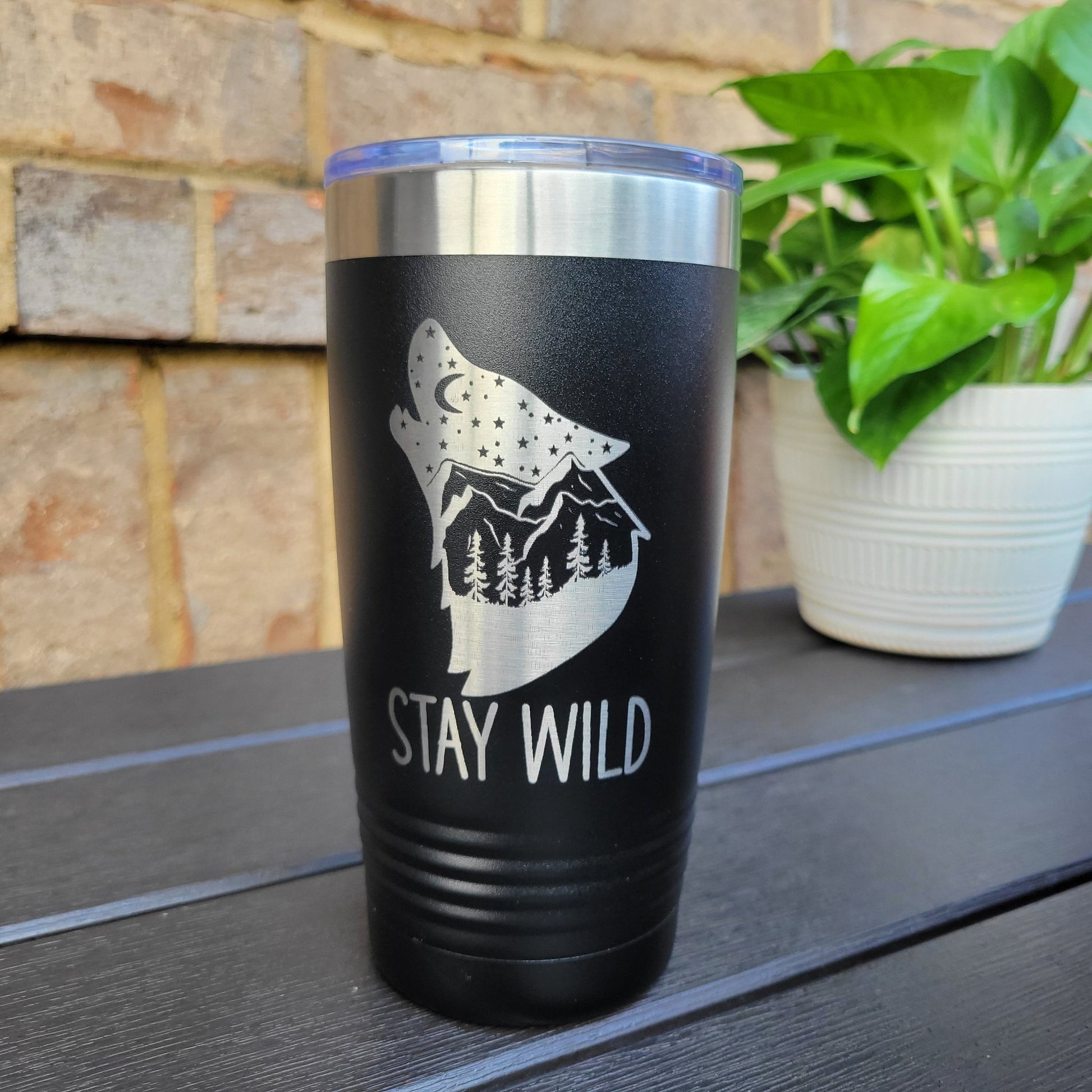 Camping Themed Insulated Tumbler, Engraved 20oz / 22oz/ 30oz Insulated Tumbler / Bottle - Wolf Camping Tumbler - Stay Wild - Wood Unlimited#