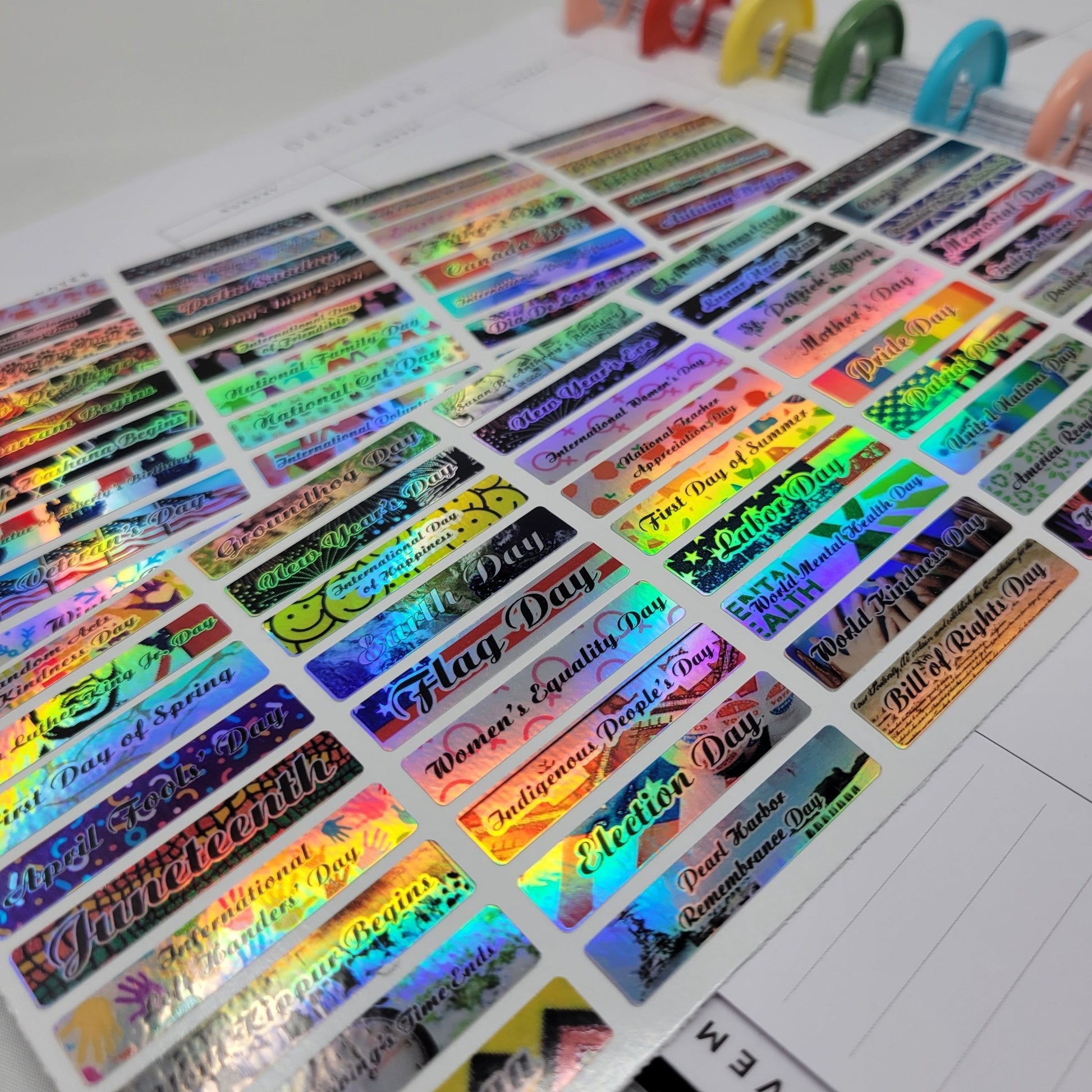 Holographic, Full Color, Planner Stickers, Holographic Sheet Stickers For Planners, Full Color, Waterproof, 80 Major Holidays! - Wood Unlimited#