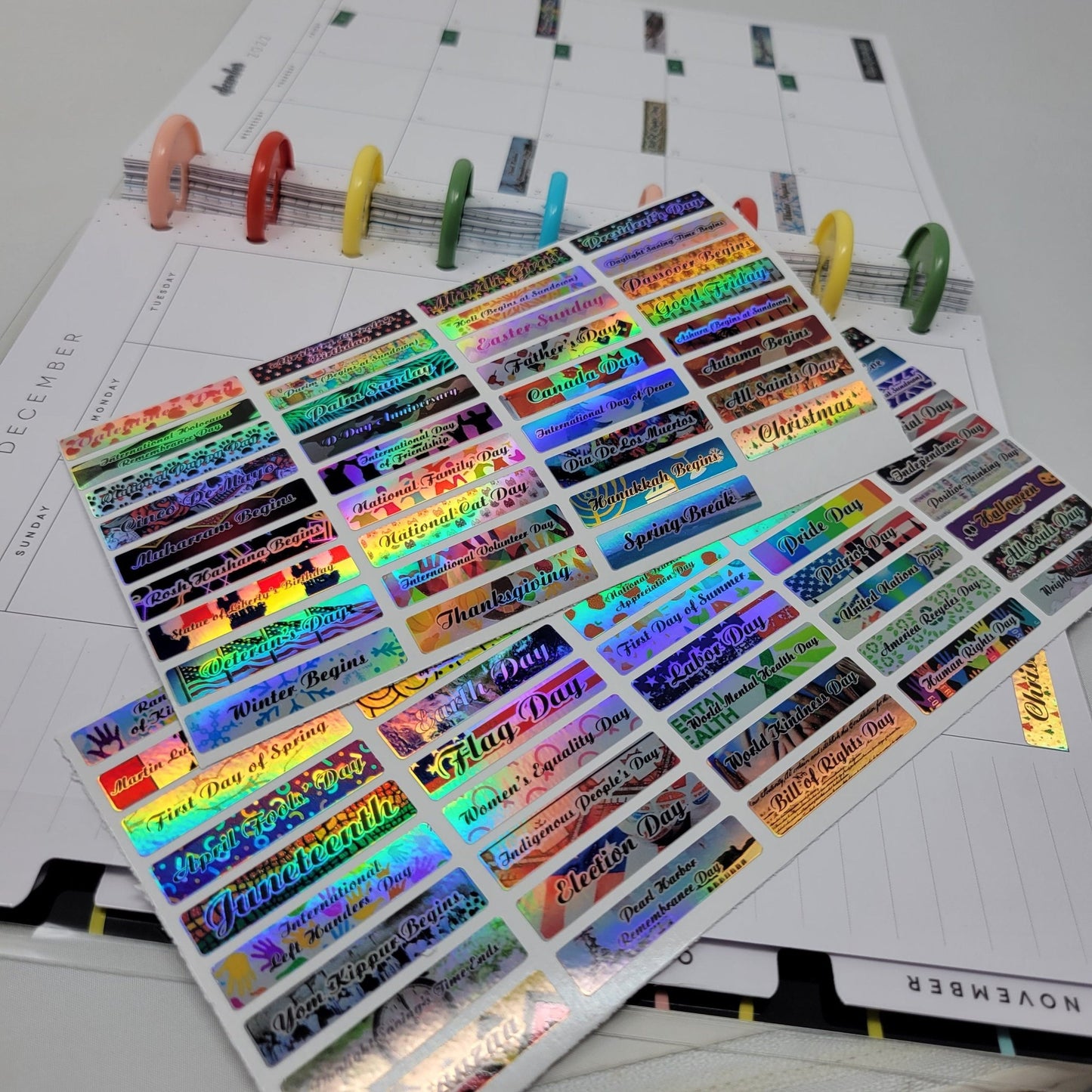 Holographic, Full Color, Planner Stickers, Holographic Sheet Stickers For Planners, Full Color, Waterproof, 80 Major Holidays! - Wood Unlimited#