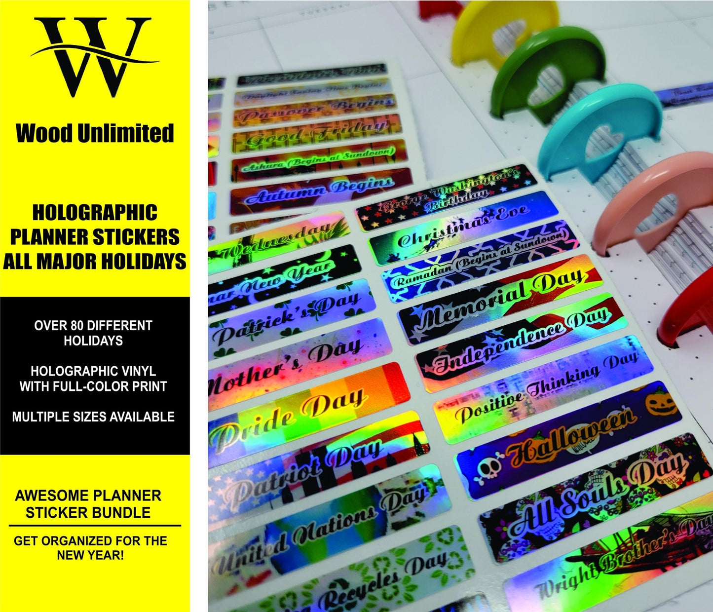 Holographic, Full Color, Planner Stickers, Holographic Sheet Stickers For Planners, Full Color, Waterproof, 80 Major Holidays! - Wood Unlimited#