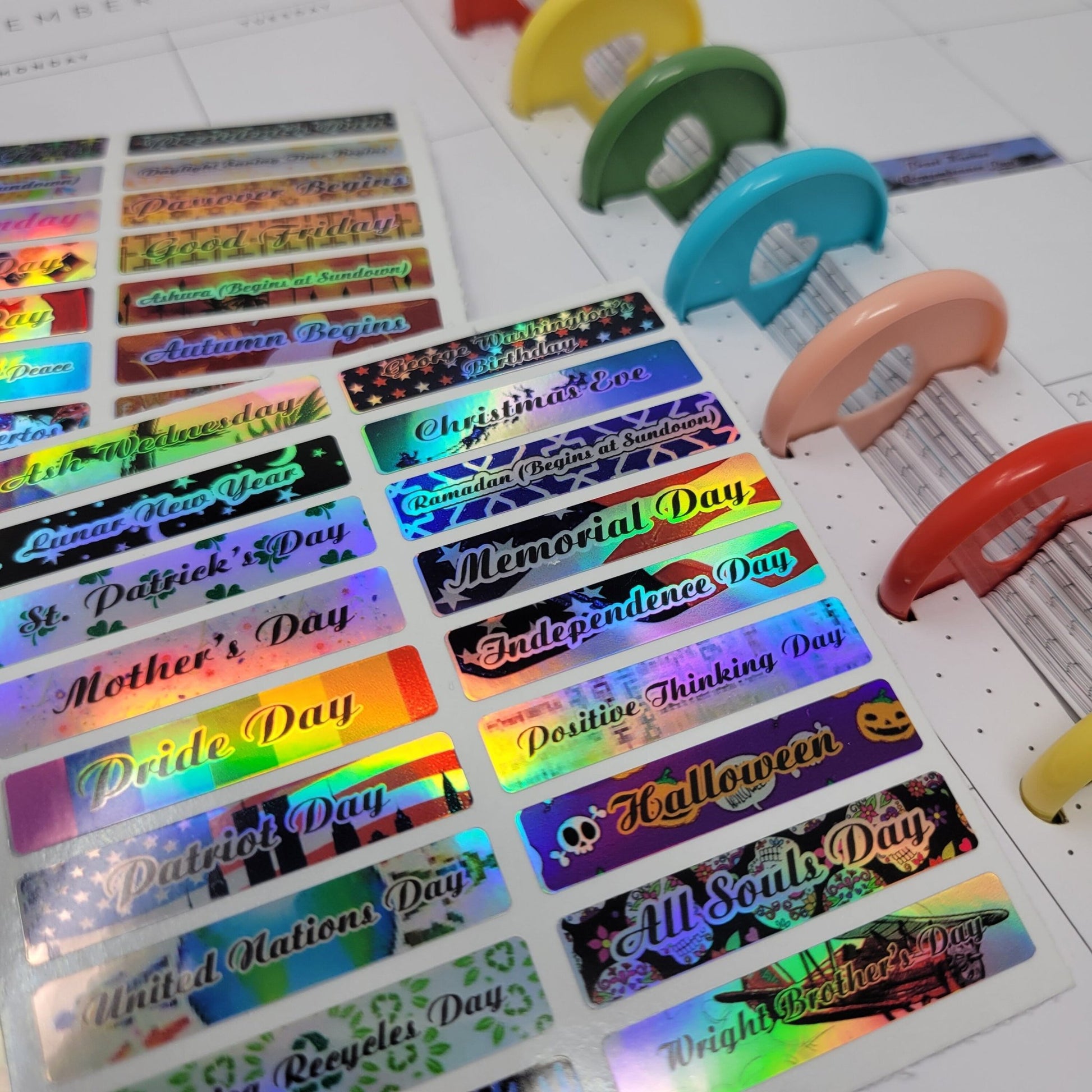 Holographic, Full Color, Planner Stickers, Holographic Sheet Stickers For Planners, Full Color, Waterproof, 80 Major Holidays! - Wood Unlimited#